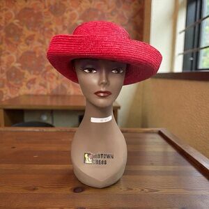 Vintage Red Straw Flip-Brim Hat – Elegant Bowler Style